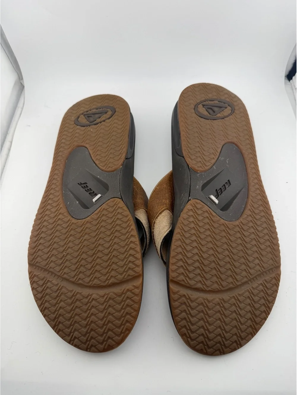 Reef Fanning Flip Flops with Bottle Opener, Brown Leather and Suede, Size 10
